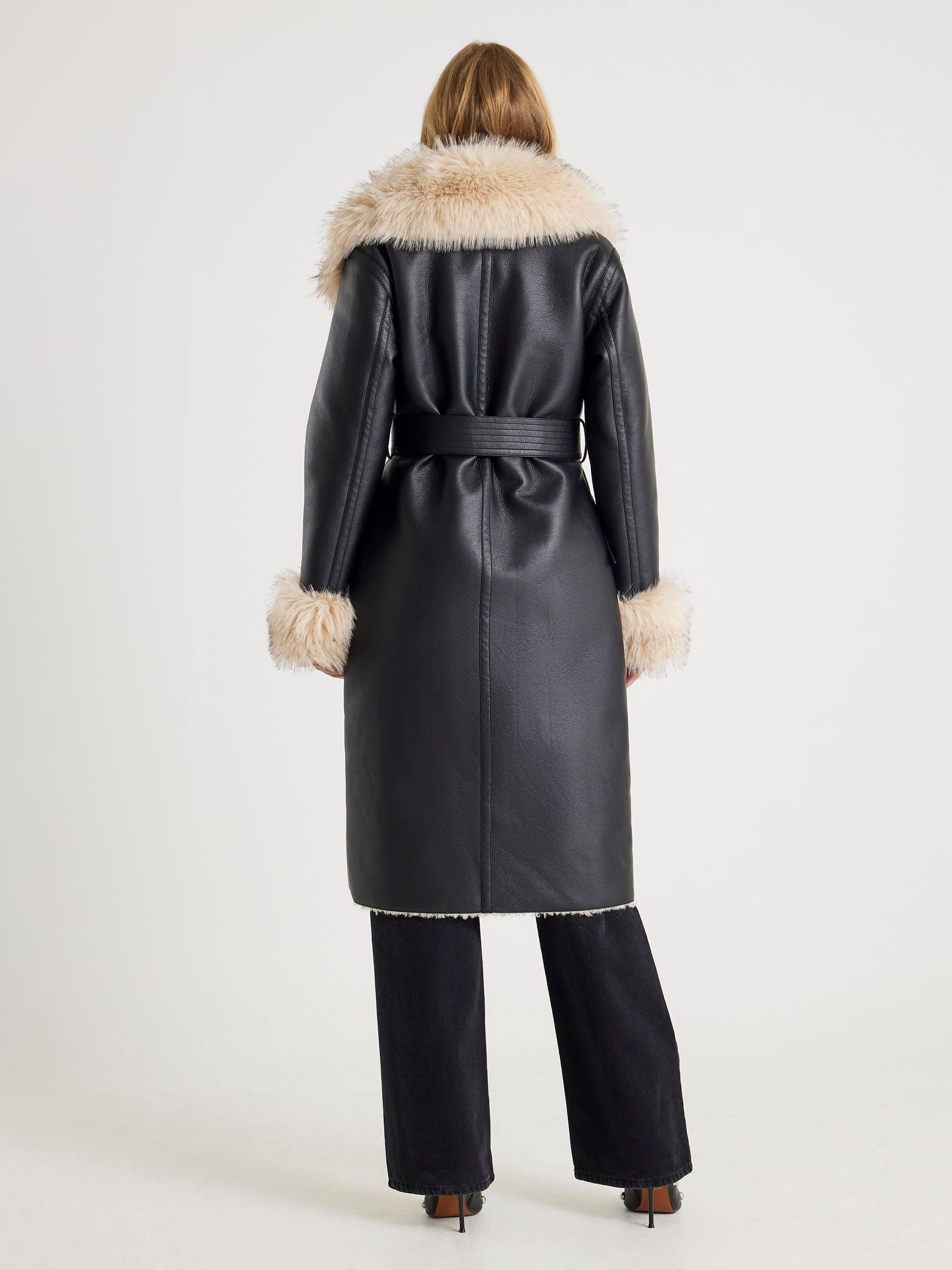 Buy River Island Black Fur Collar Shearling Trench Jacket from