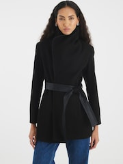 River Island Black Mid Length Faux Leather Trim Wrap Coat - Image 1 of 5