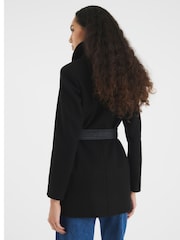 River Island Black Mid Length Faux Leather Trim Wrap Coat - Image 2 of 5
