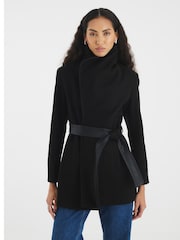 River Island Black Mid Length Faux Leather Trim Wrap Coat - Image 3 of 5