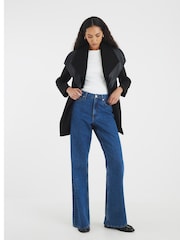 River Island Black Mid Length Faux Leather Trim Wrap Coat - Image 4 of 5