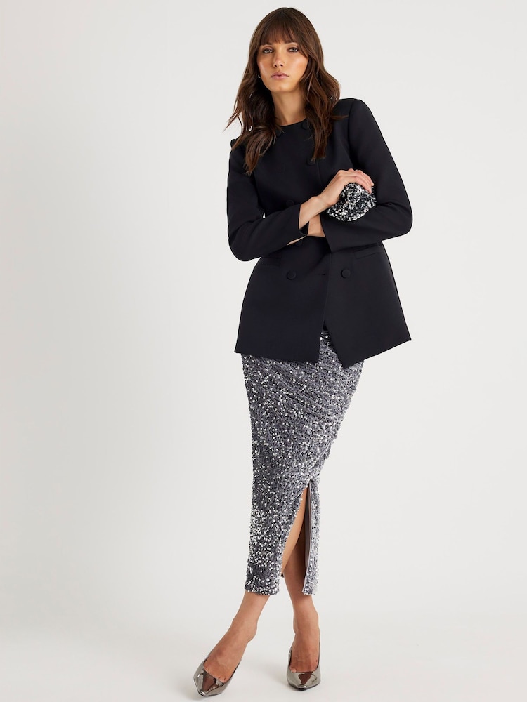 River Island Silver Ruched Side Velvet Sequin Midi Skirt - Image 1 of 4