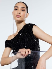 River Island Black Velvet Sequin Drape Top - Image 3 of 4