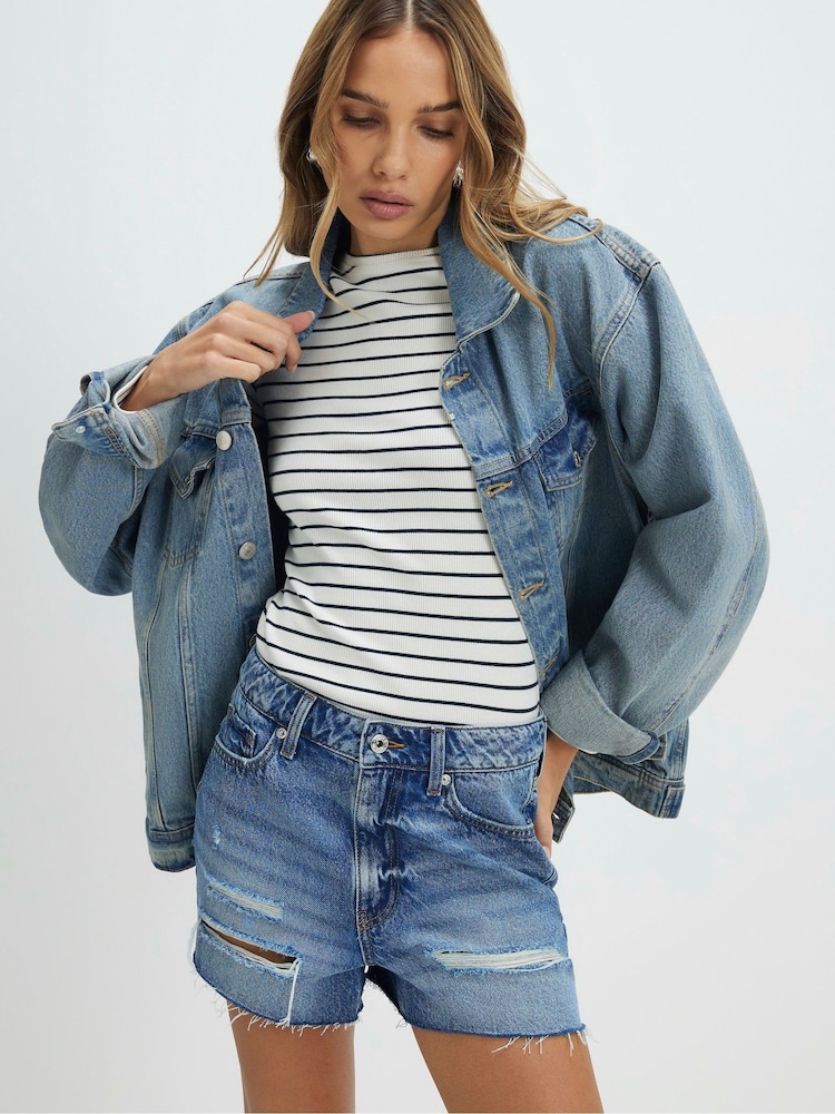 River Island Blue Ripped Denim Shorts - Image 1 of 6