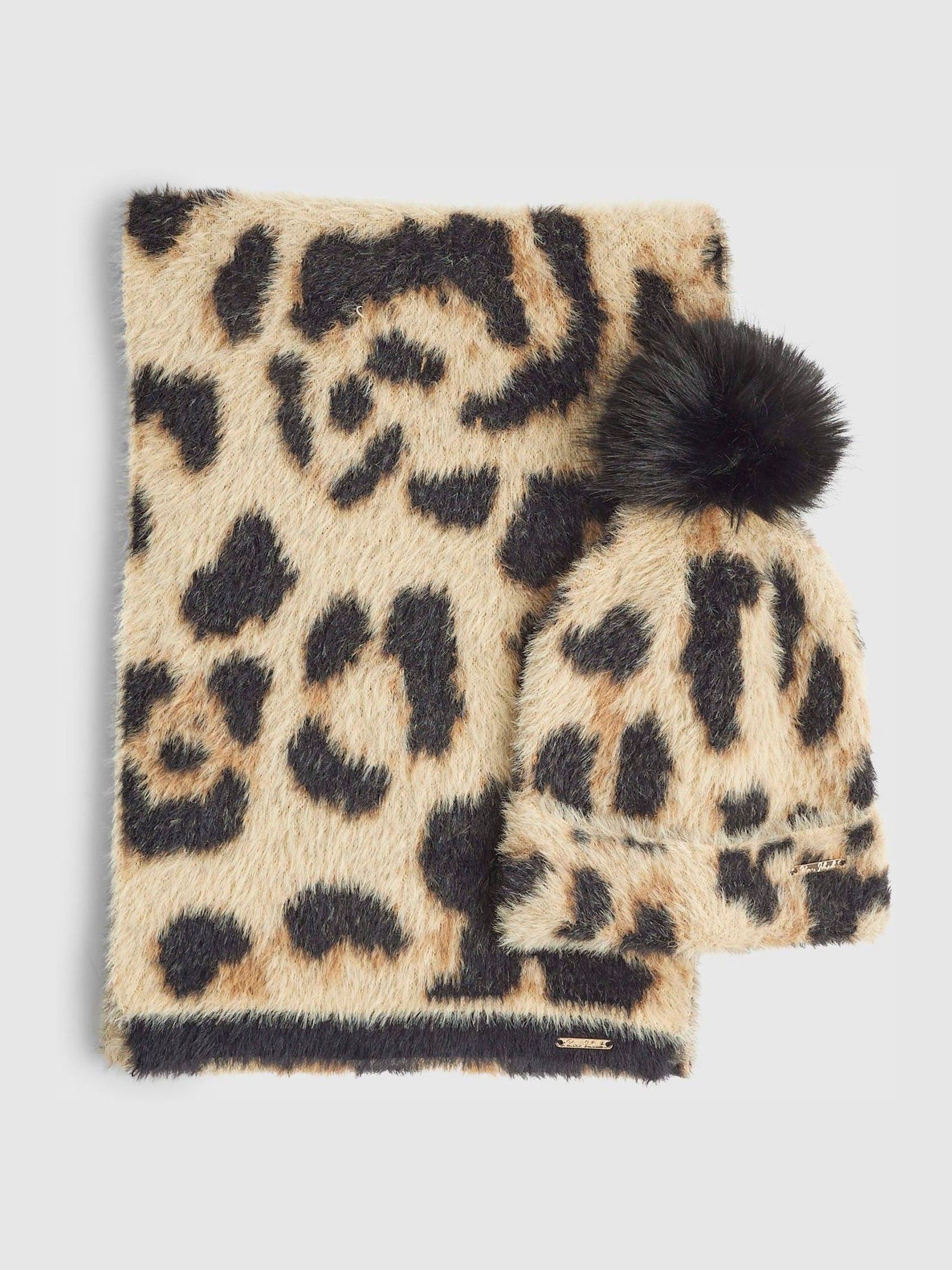 Ensemble Bonnet écharpe Femme Léopard – Bonnet Fourrure Fausse Et écharpe – Chaud, Coupe-vent – Cadeau Noël Idéal