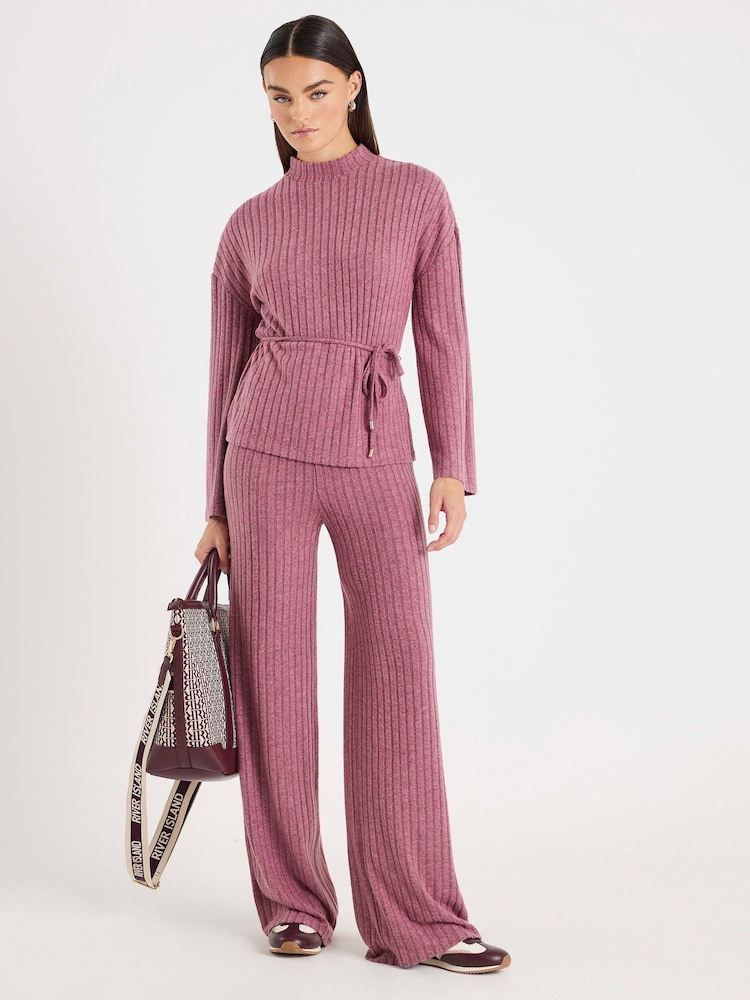 River Island Red Rib Tie Waist Top and Trouser Set - Image 1 of 2 River Island Red Rib Tie Waist Top and Trouser Set - Image 1 of 2