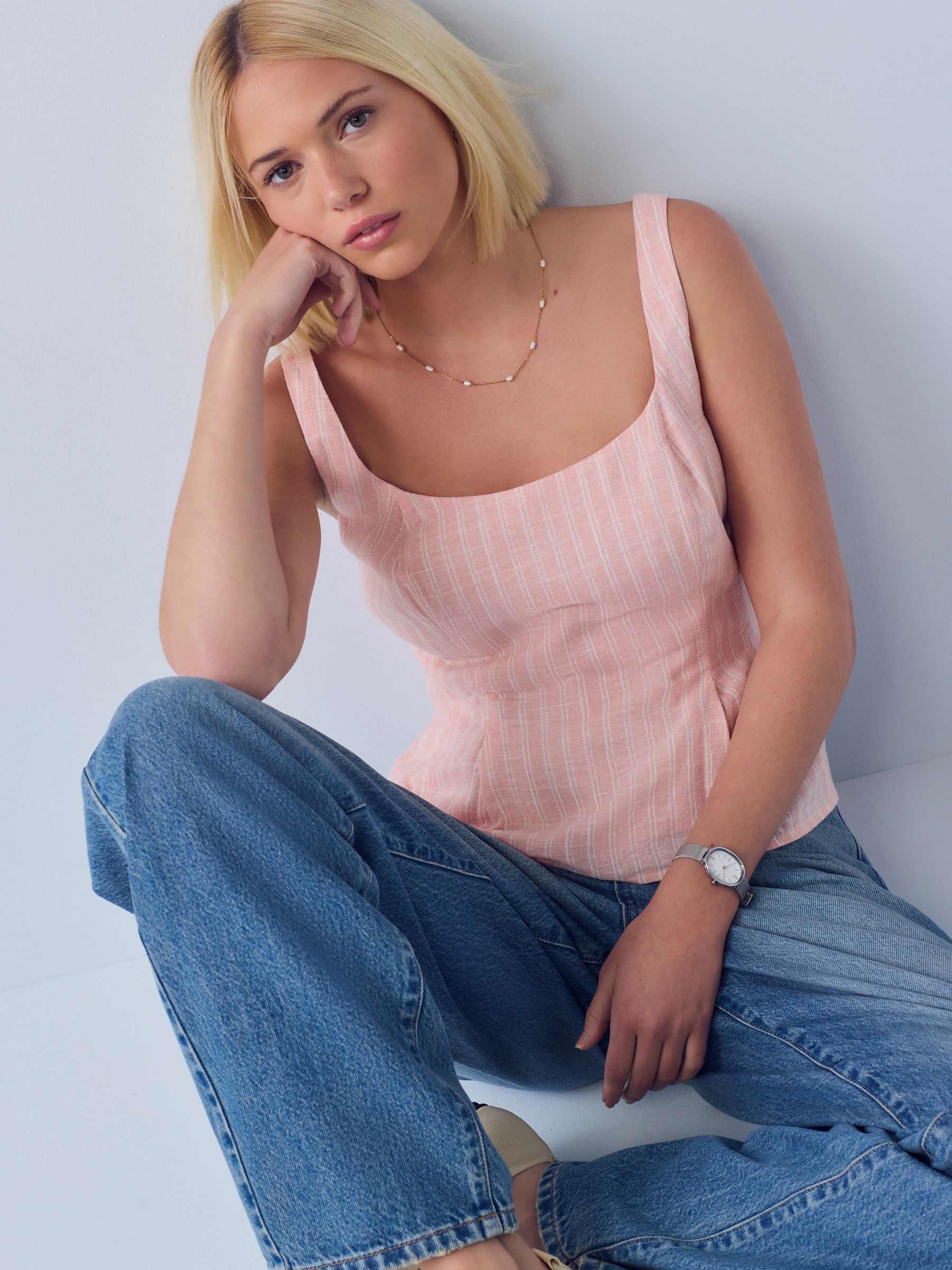 Buy Pink/Ecru Stripe Peplum Top with Linen from the Next UK online