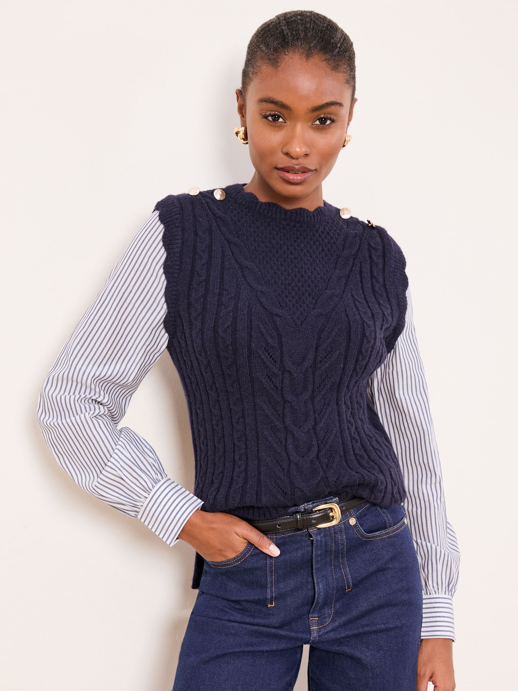 Buy Lipsy Navy Blue Hybrid Shirt And Cable Knitted Buttoned