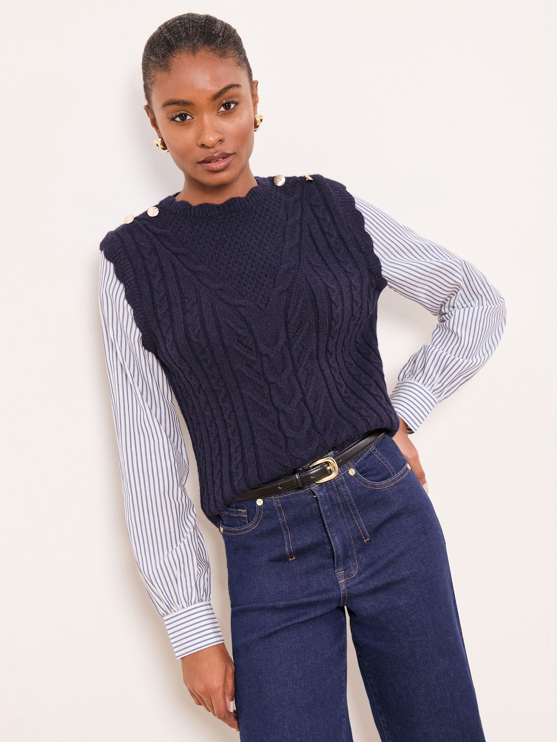 Buy Lipsy Navy Blue Hybrid Shirt And Cable Knitted Buttoned