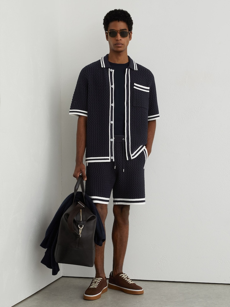 Reiss Navy Beale Cotton Crochet Drawstring Shorts - Image 1 of 6