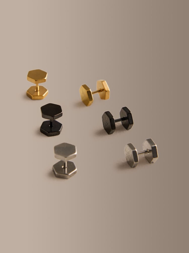 Gold Tone Stainless Steel Hexagon Stud Earrings Pack - Image 2 of 3 Gold Tone Stainless Steel Hexagon Stud Earrings Pack - Image 2 of 3