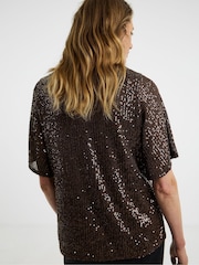 JD Williams Brown Sequin V-Neck Angel Sleeve Top - Image 2 of 4