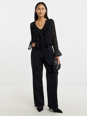JD Williams Black Dobby Spot Ruffle Front Blouse - Image 1 of 4