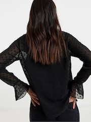 JD Williams Black Dobby Spot Ruffle Front Blouse - Image 2 of 4