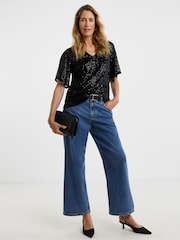 JD Williams Black Sequin V-Neck Angel Sleeve Top - Image 1 of 4