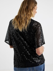 JD Williams Black Sequin V-Neck Angel Sleeve Top - Image 2 of 4
