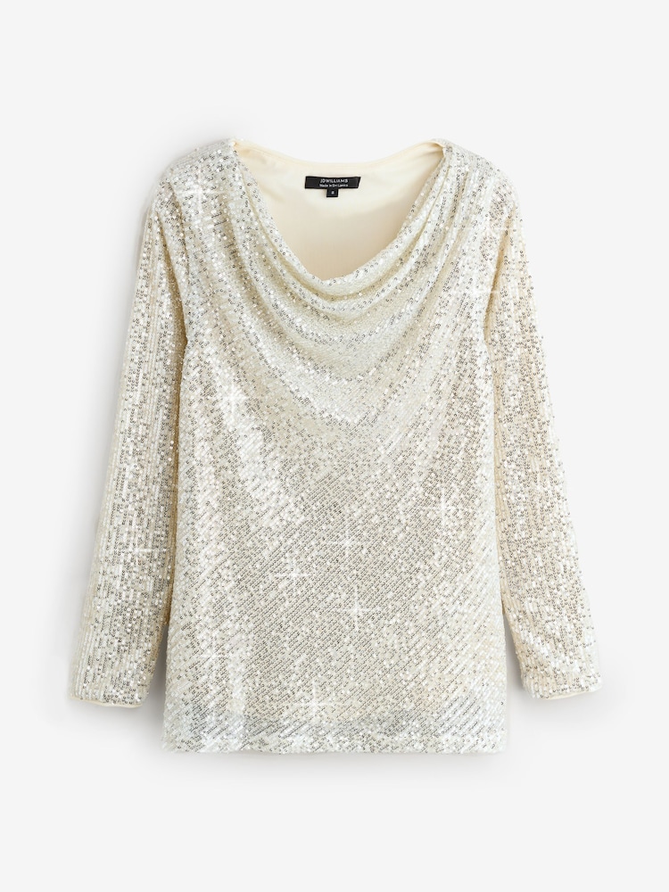 JD Williams Gold Sequin Slash Cowl Neck Long Sleeve Top - Image 1 of 1 JD Williams Gold Sequin Slash Cowl Neck Long Sleeve Top - Image 1 of 1