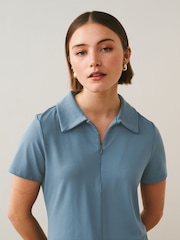 Blue Soft Touch Slinky Nylon Polo Zip Short Sleeve T-Shirt - Image 1 of 7