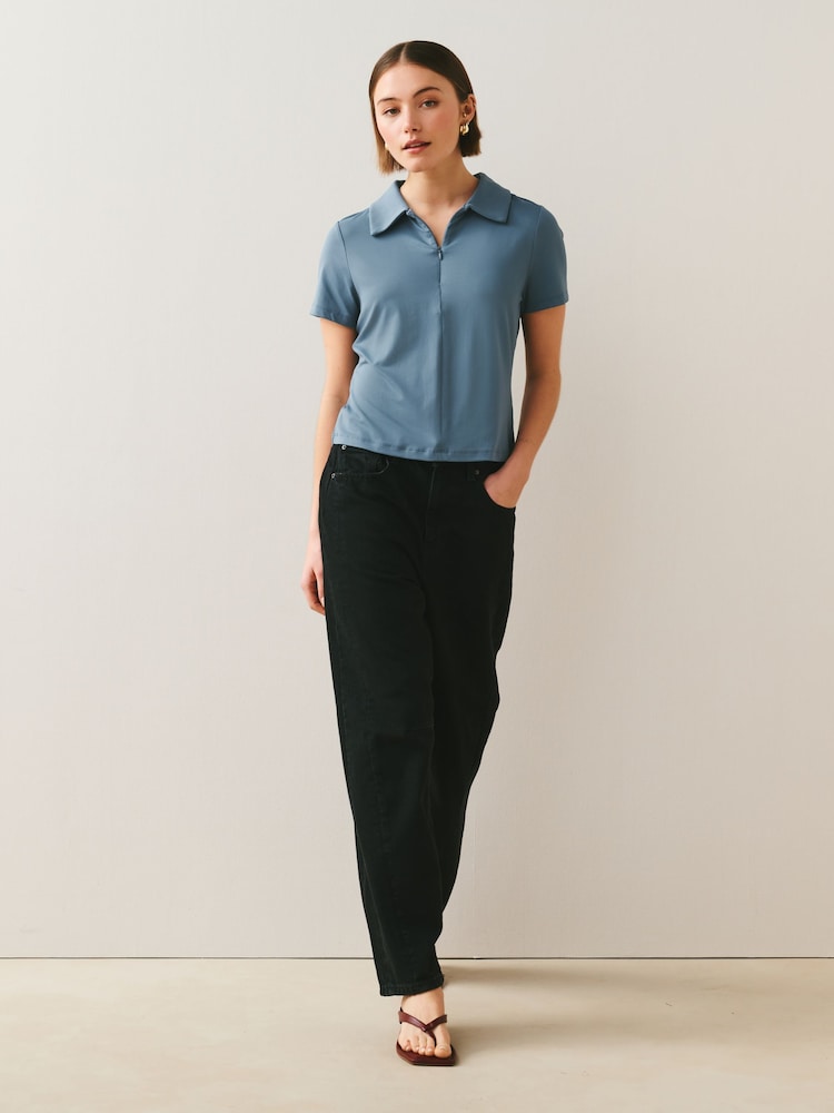 Blue Soft Touch Slinky Nylon Polo Zip Short Sleeve T-Shirt - Image 2 of 7 Blue Soft Touch Slinky Nylon Polo Zip Short Sleeve T-Shirt - Image 2 of 7