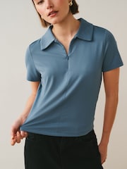 Blue Soft Touch Slinky Nylon Polo Zip Short Sleeve T-Shirt - Image 4 of 7