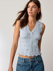 蓝色 - 无袖V领纹理背心 - 5的图像1｝