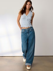 蓝色 - 无袖V领纹理背心 - 5的图像2｝