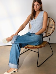 蓝色 - 无袖V领纹理背心 - 5的图像3｝