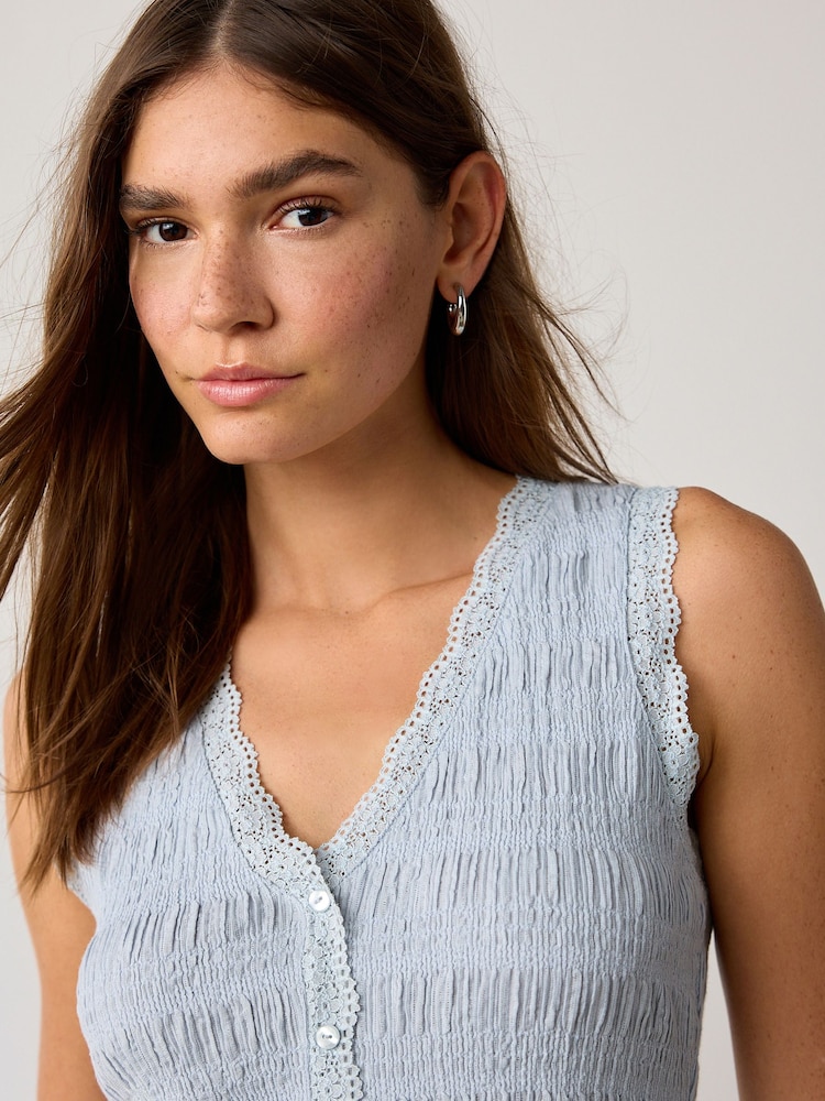 蓝色 - 无袖V领纹理背心 - 5的图像5｝