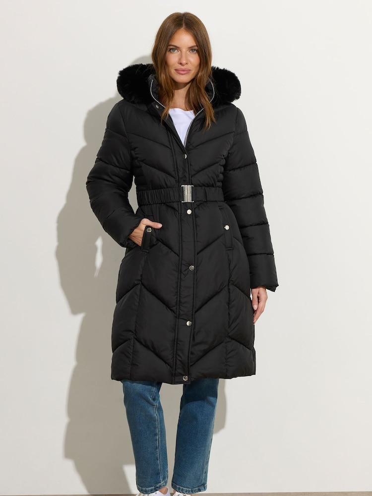 M&Co Black Glam Belted Padded Midi Coat - Image 1 of 6