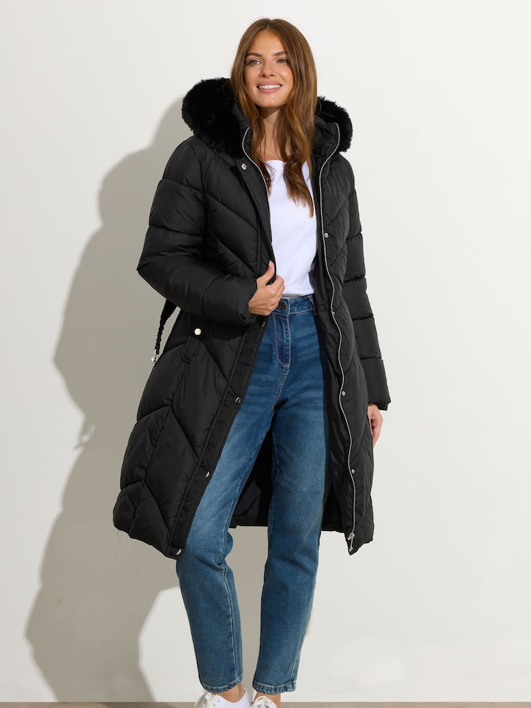 M&Co Black Glam Belted Padded Midi Coat - Image 2 of 6