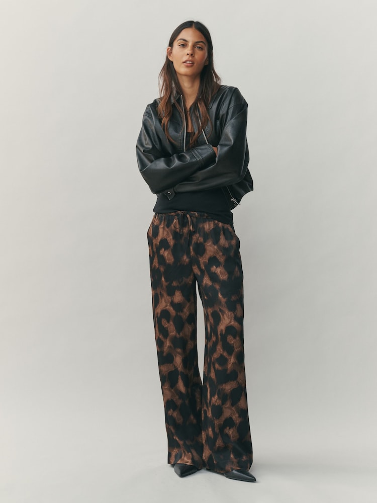Animal Satin Tie Waist Wide Leg Trousers - Image 1 of 5 Animal Satin Tie Waist Wide Leg Trousers - Image 1 of 5