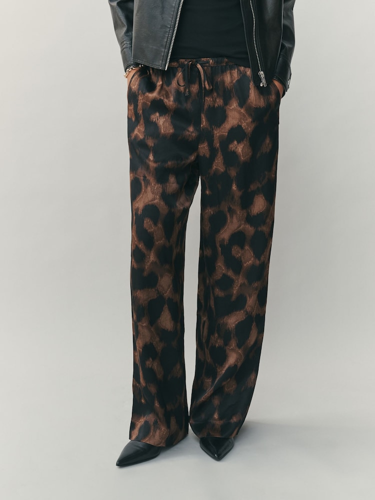 Animal Satin Tie Waist Wide Leg Trousers - Image 2 of 5 Animal Satin Tie Waist Wide Leg Trousers - Image 2 of 5
