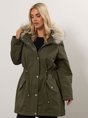 Yours Curve Green Fur Trim Parka Coat - Image 1 of 6