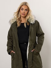 Yours Curve Green Fur Trim Parka Coat - Image 2 of 6