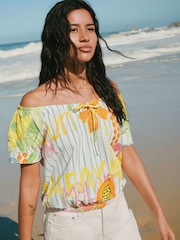 White/Yellow Tropical Print Short Sleeve Bubblehem Scoop Neck T-Shirt - Image 2 of 8