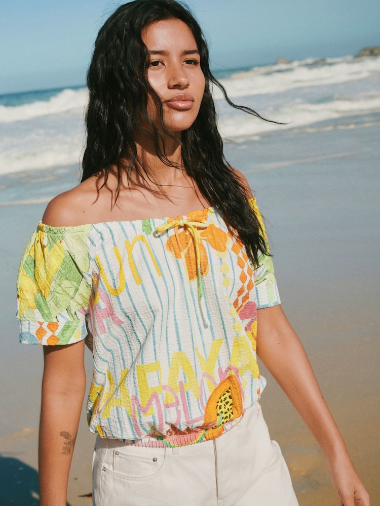 White/Yellow Tropical Print Short Sleeve Bubblehem Scoop Neck T-Shirt - Image 2 of 8