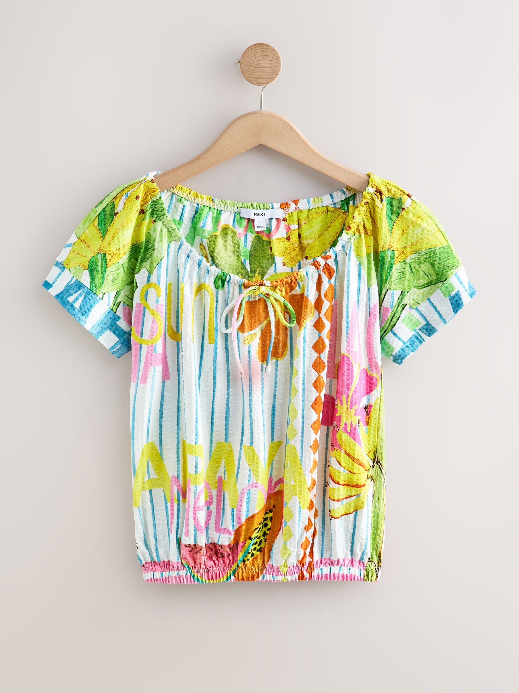 Buy White/Yellow Tropical Print Short Sleeve Bubblehem Scoop Neck