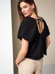 Black Broderie Volume Sleeve Tie Back Top - Image 4 of 8
