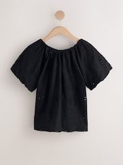 Black Broderie Volume Sleeve Tie Back Top - Image 6 of 8