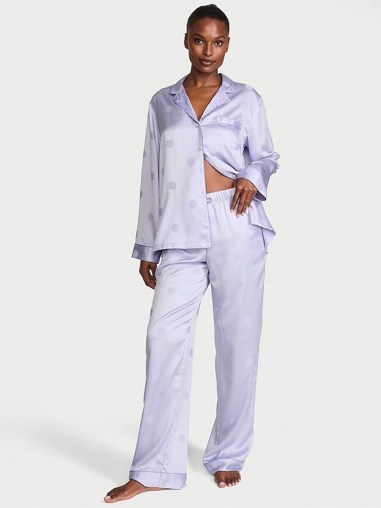 Victoria's Secret Icy Lavender Purple Dot Satin Long Pyjamas Set - Image 1 of 2
