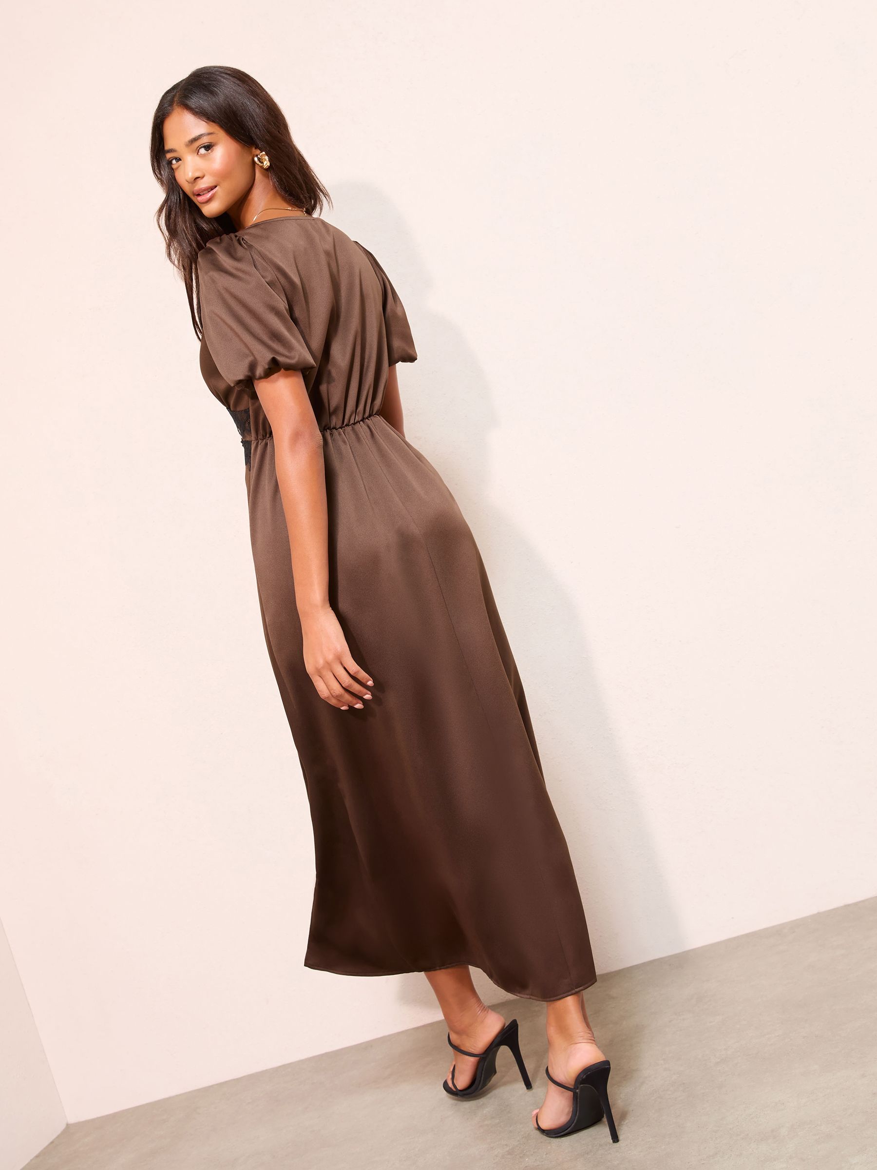 Buy Friends Like These Chocolate Brown Lace Trim V Neck Satin Midi