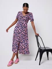 SCAMP & DUDE Pink Flute Sleeve Midi Tea Dress with Shadow Leopard & Lightning Bolt - Image 1 of 4