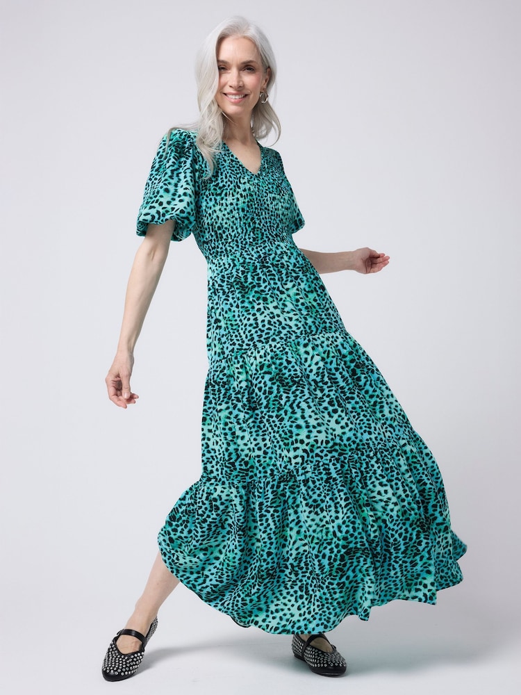 SCAMP & DUDE Blue Puff Sleeve Maxi Dress with Leopard - Image 2 of 5 SCAMP & DUDE Blue Puff Sleeve Maxi Dress with Leopard - Image 2 of 5