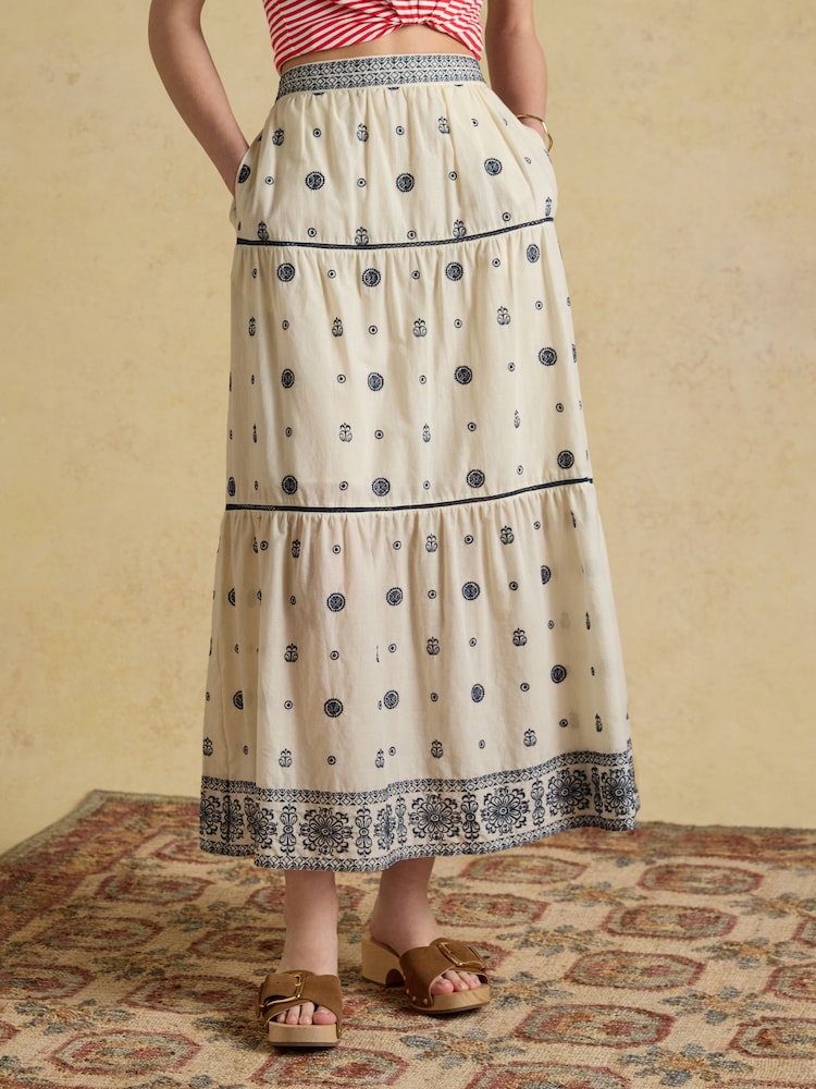 Joules Cream Tiered Embroidered Maxi Skirt - Image 1 of 6