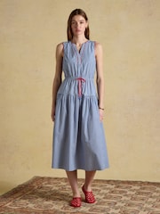 Joules Clara Blue Striped Dropped Waist Summer Midi Dress - Image 1 of 8