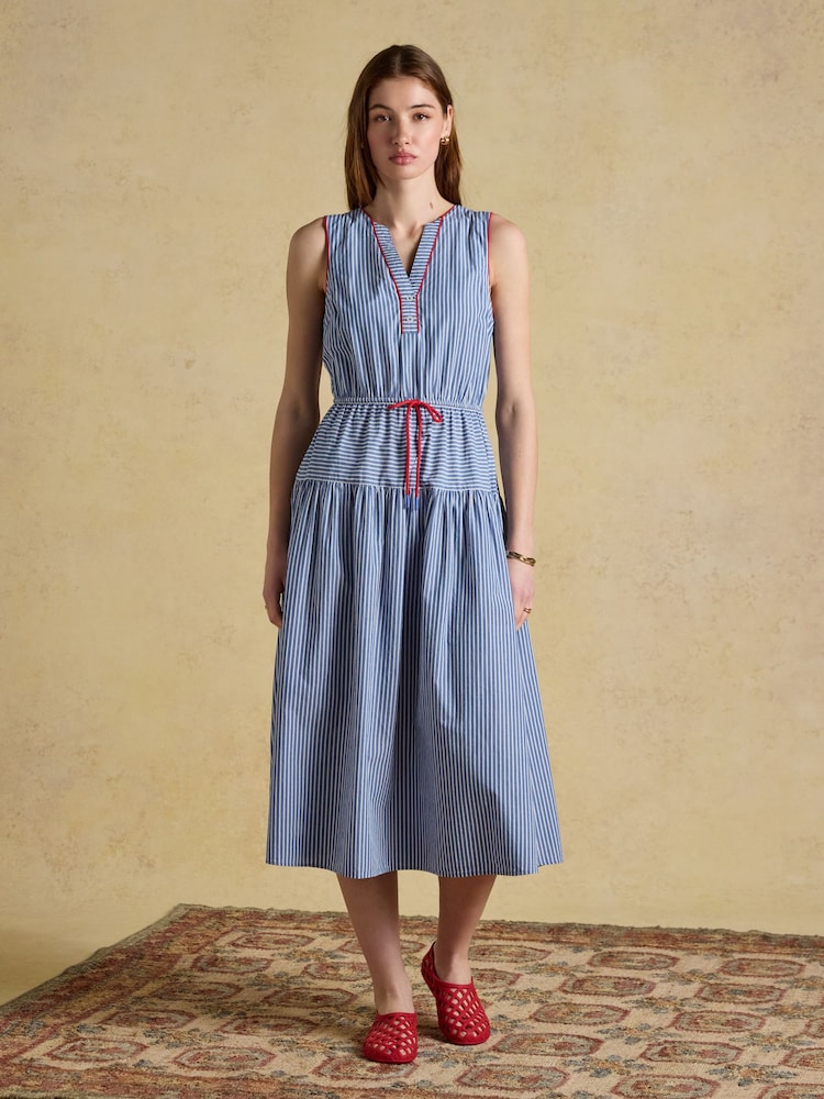 Joules Clara Blue Striped Dropped Waist Summer Midi Dress - Image 1 of 8 Joules Clara Blue Striped Dropped Waist Summer Midi Dress - Image 1 of 8