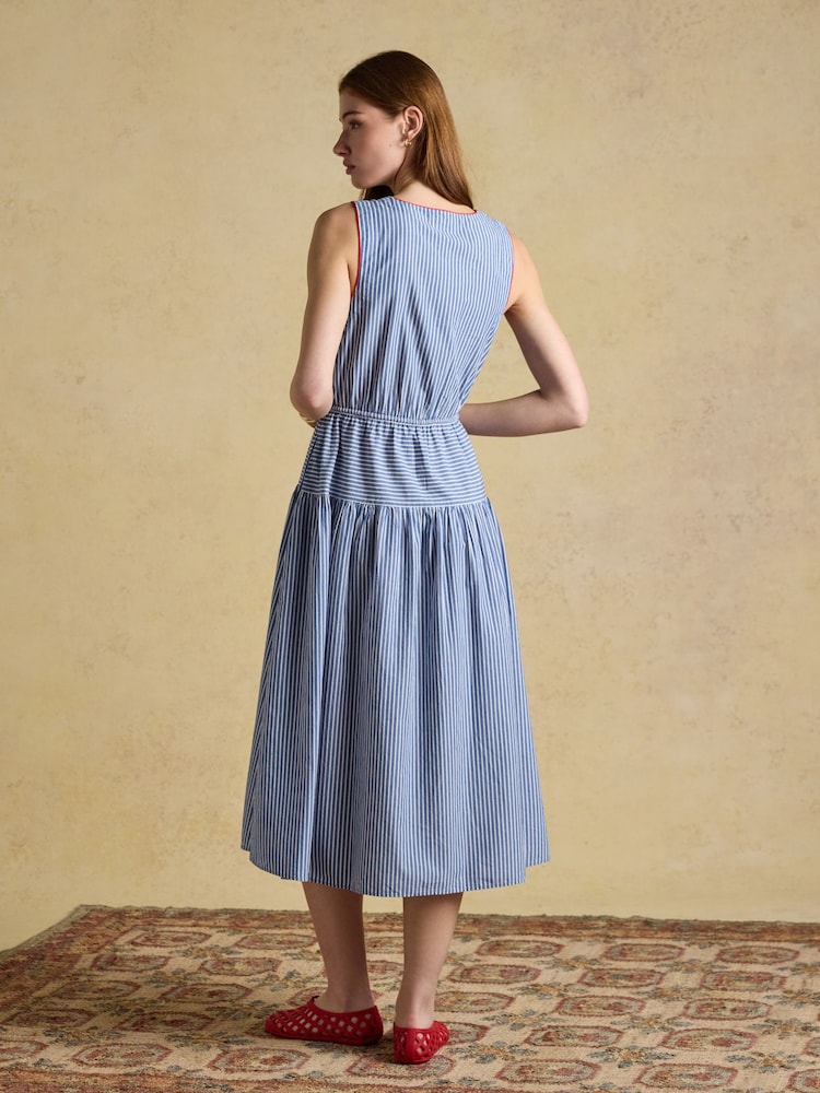 Joules Clara Blue Striped Dropped Waist Summer Midi Dress - Image 2 of 8 Joules Clara Blue Striped Dropped Waist Summer Midi Dress - Image 2 of 8