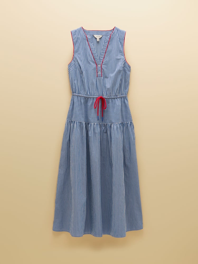 Joules Clara Blue Striped Dropped Waist Summer Midi Dress - Image 8 of 8 Joules Clara Blue Striped Dropped Waist Summer Midi Dress - Image 8 of 8