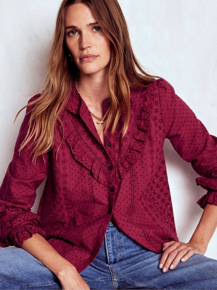 Boden Red Broderie Ruffle Top - Image 1 of 5 Boden Red Broderie Ruffle Top - Image 1 of 5