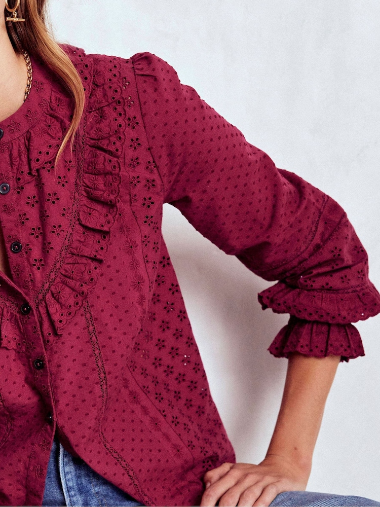 Boden Red Broderie Ruffle Top - Image 2 of 5 Boden Red Broderie Ruffle Top - Image 2 of 5